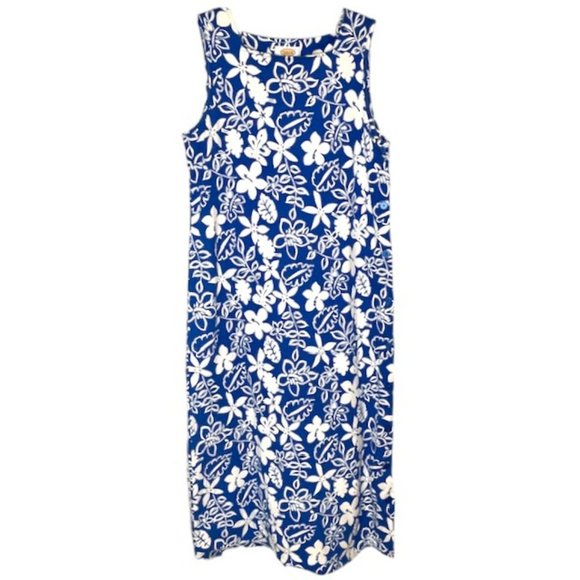Talbots 100% Cotton Maxi A-Line Dress Hibiscus Print - Blue/White - 8 - Picture 1 of 9